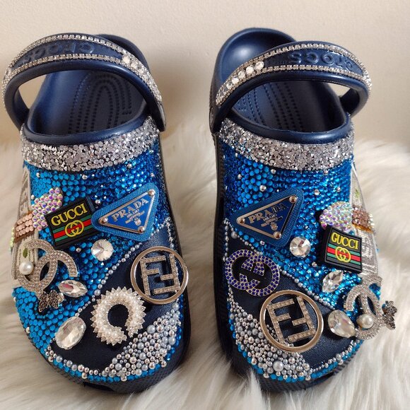 Custom Bling Crocs Navy Blue - Women's Size 10 - Picture 1 of 4